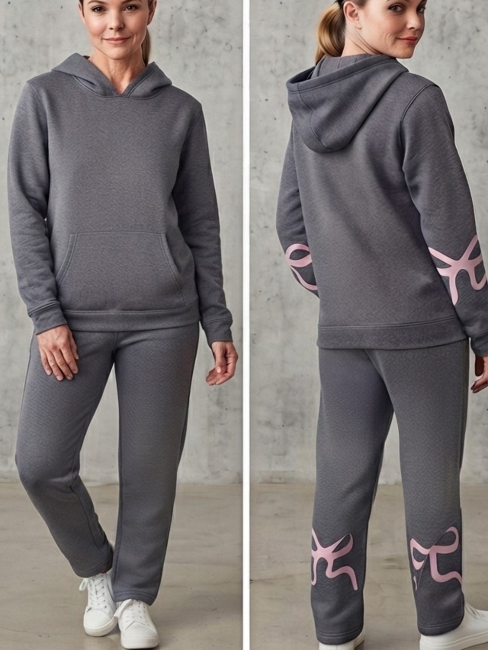 BRAND NEW NEVER WORN Gray Hooded Sweatshirt & Jogger Set Pink BOWS Sz Large L